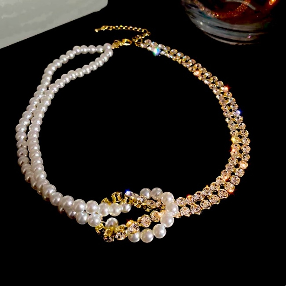 🌟 Gold Plated Pearl Rhinestone Choker Two Tone Chain Necklace